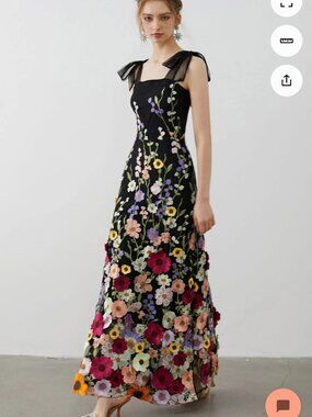 CHICWISH 3D FLORAL APPLIQUE TIE-STRAP MESH TULLE MAXI DRESS - BLACK - SIZE LARGE